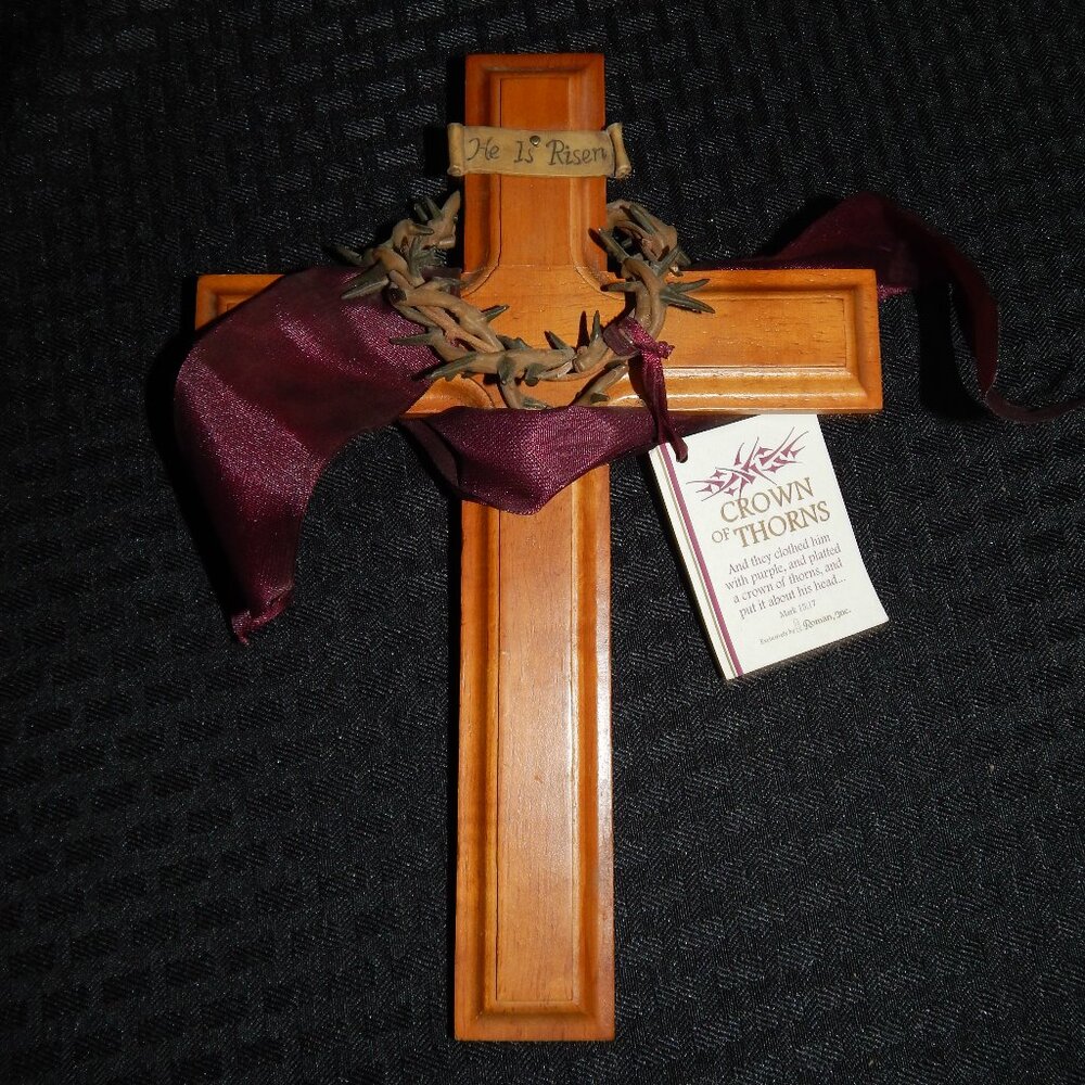 Vintage ROMAN Wood & Resin Crown of Thorns Wall Hanging 10" Easter Cross